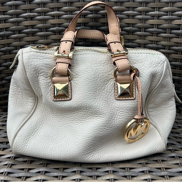 Michael Kors Handbags - Michael Kors Cream Pebbled Leather Satchel with Gold Pyramid Shape Accents